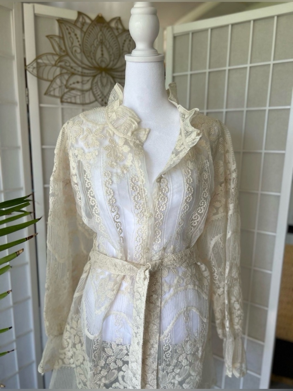 Stunning lace sheer blouse tunic with belt romantic